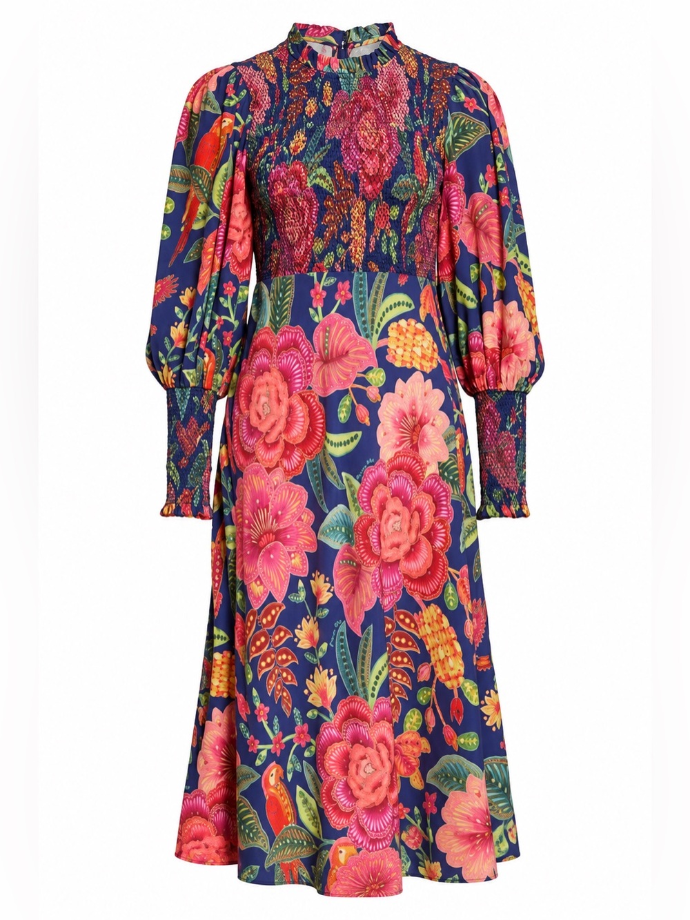 FARM Rio Macaw Bloom Floral Smocked Mock Neck Juliet Sleeve Midi Dress Size S